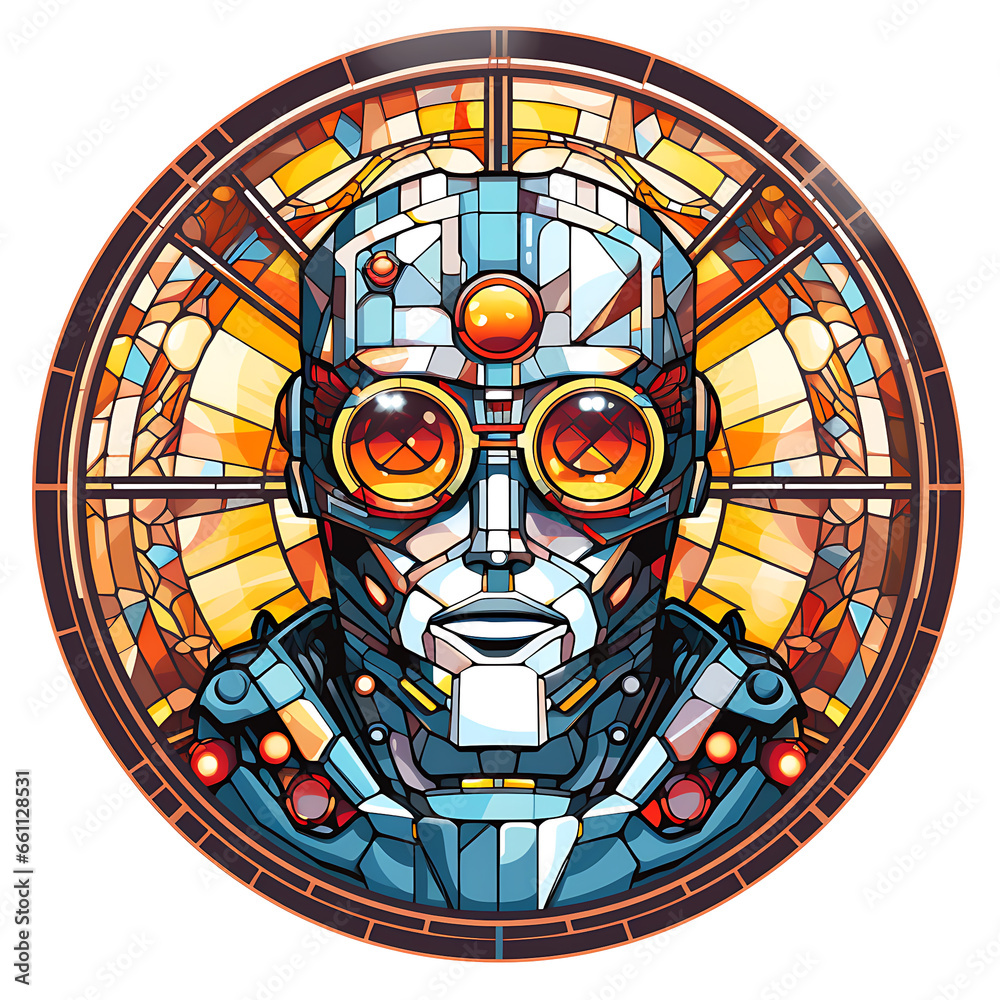 Obraz premium Action Robot Stained Glass window illustration art circle shape vector generative ai