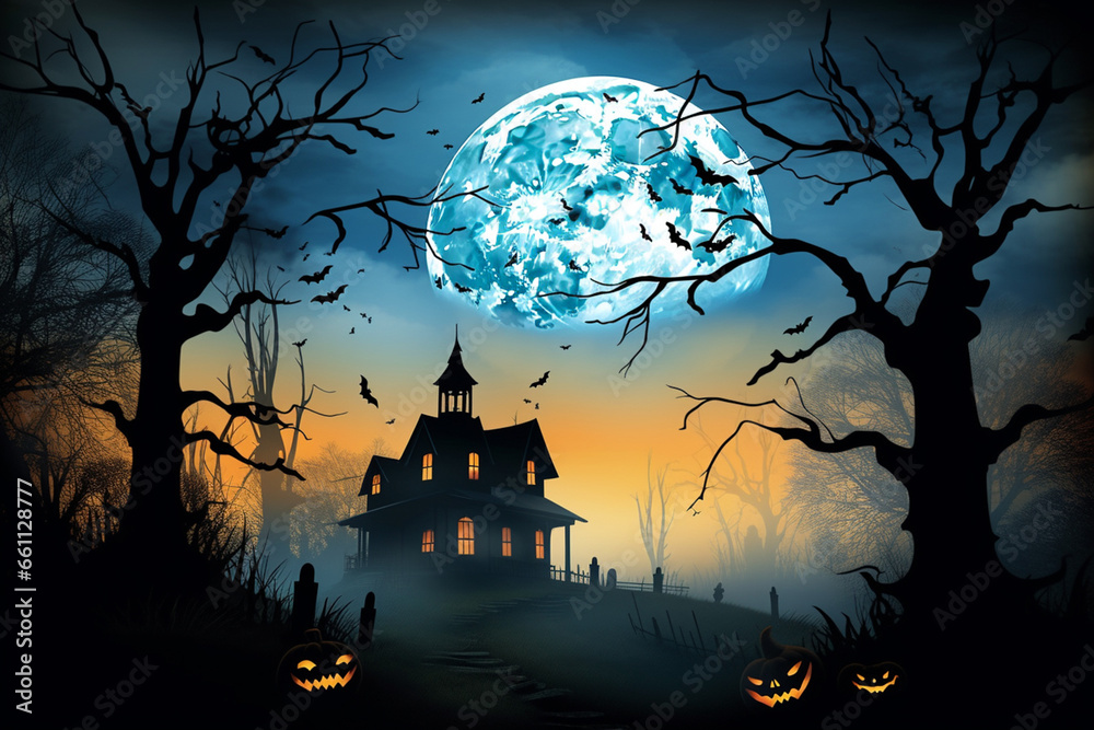 A Mesmerizing Halloween pumpkin head jack lantern with burning candles, Spooky Forest with a full moon and wooden table ,Extravaganza Under the Silver Glow of the Harvest Moon
