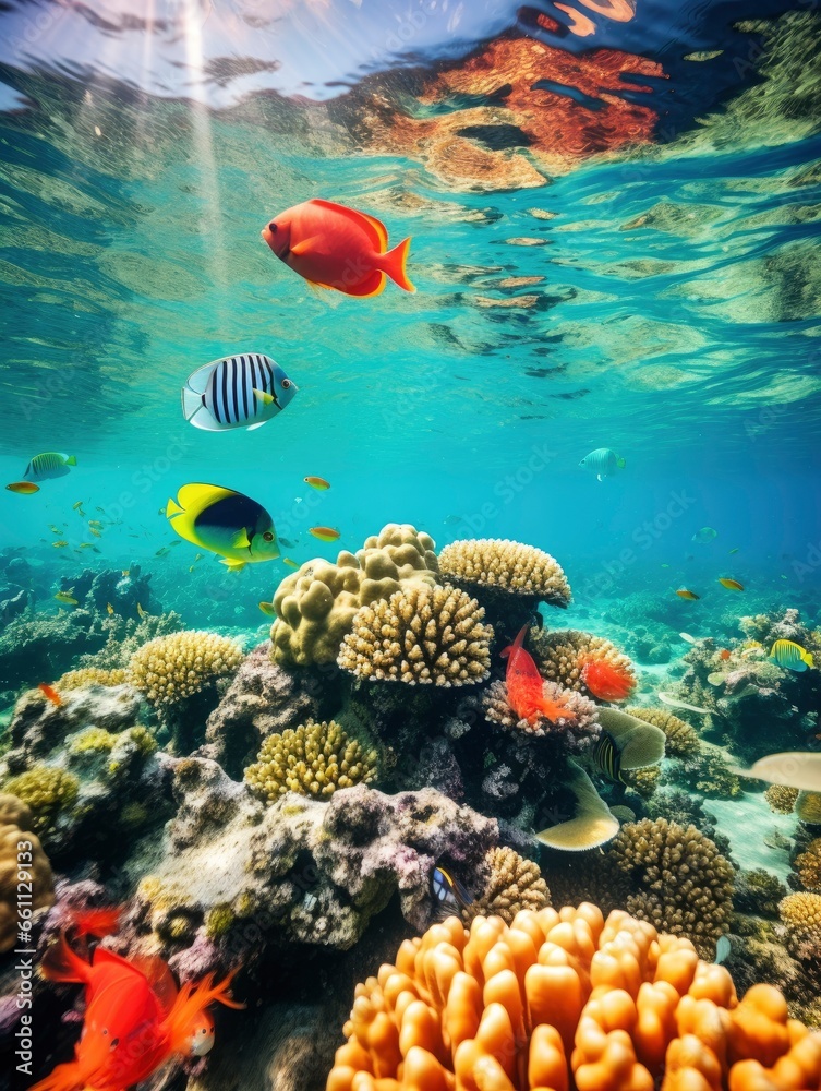 Fototapeta premium Bright and colorful underwater world, fishes and plants life on the background of coral reefs