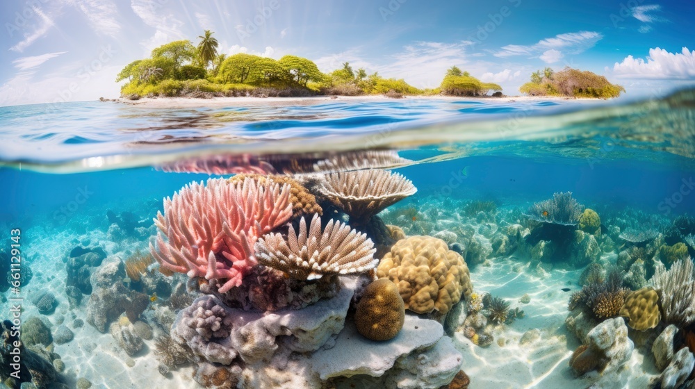 Naklejka premium Bright and colorful half underwater world photo, fishes and plants life on the background of coral reefs