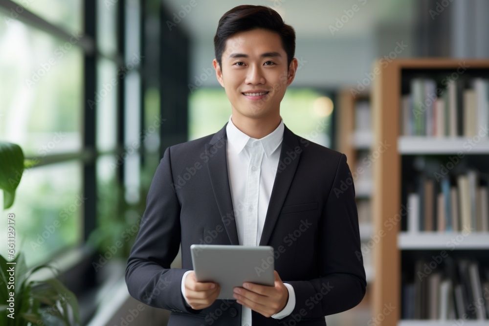 An Asian business man stands in an office working in the tablet