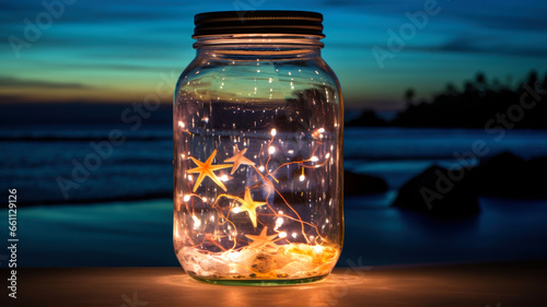 Transparent jar with lights from led on the beach