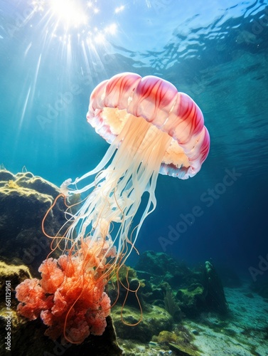 Giant tropical jellyfish underwater at bright and colorful coral reef