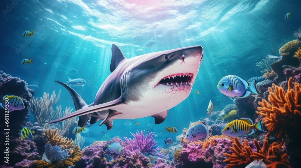 Fototapeta premium Giant tropical shark underwater at bright and colorful coral reef