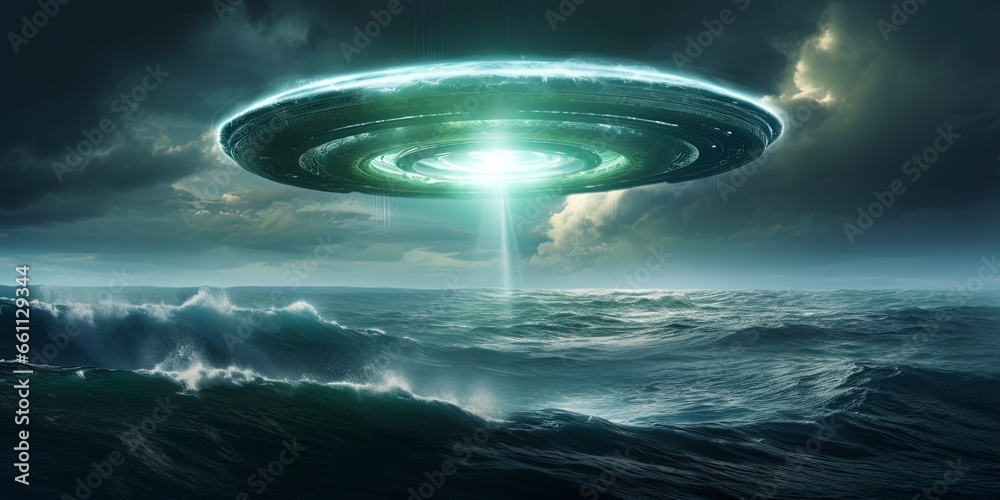 ufo from space in the sky with green hues.