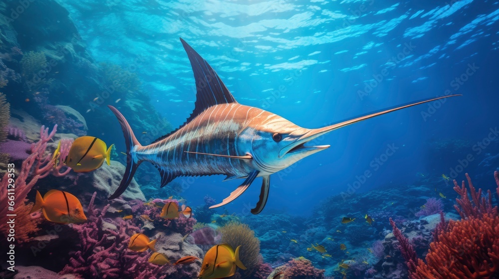 Fototapeta premium Giant tropical swordfish underwater at bright and colorful coral reef
