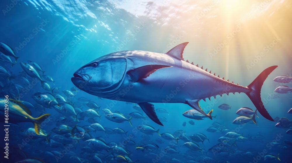 Tuna Fish Insea Giant tropical sea tuna fish underwater at bright and colorful coral ...