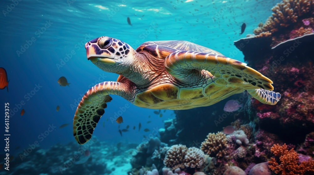 Fototapeta premium Giant tropical sea turtle underwater at bright and colorful coral reef