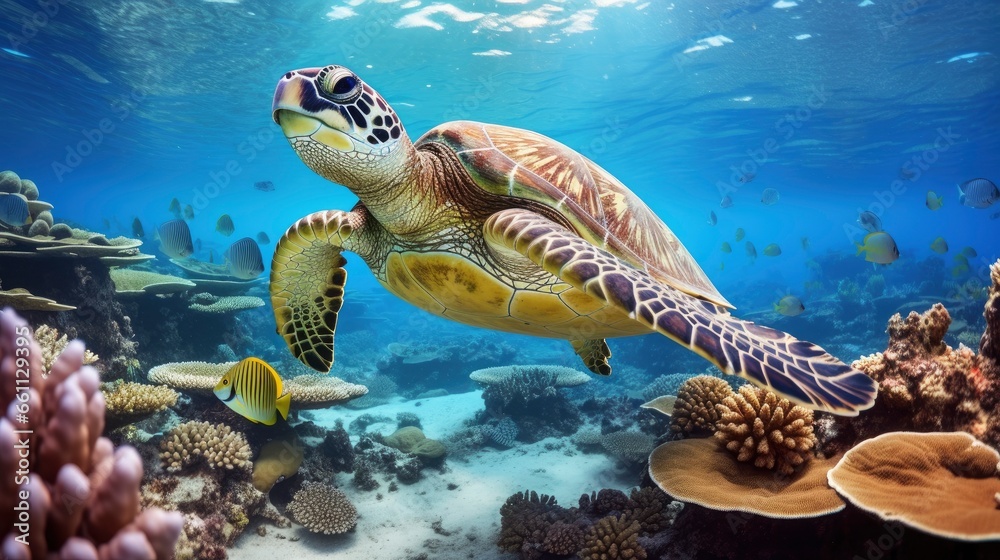 Obraz premium Giant tropical sea turtle underwater at bright and colorful coral reef