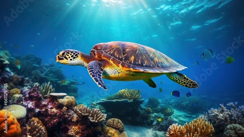 Giant tropical sea turtle underwater at bright and colorful coral reef