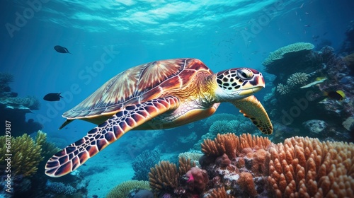 Giant tropical sea turtle underwater at bright and colorful coral reef © shooreeq