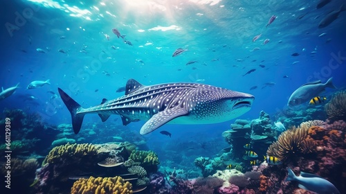 Giant tropical whaleshark underwater at bright and colorful coral reef © shooreeq