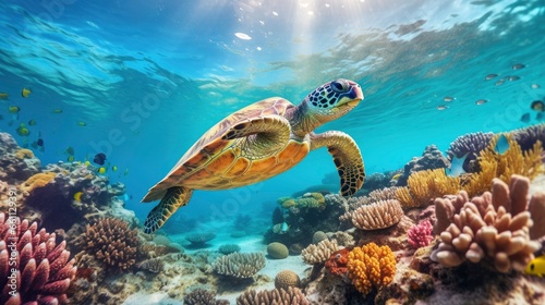 Giant tropical sea turtle underwater at bright and colorful coral reef © shooreeq