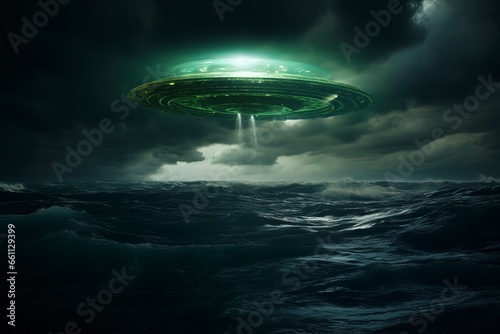 ufo from space in the sky with green hues.