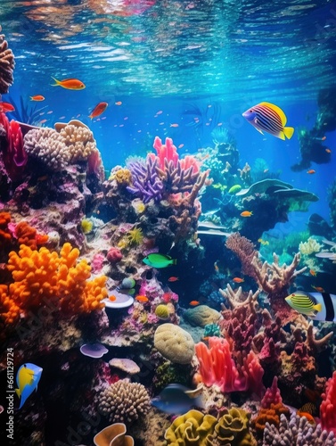 Bright and colorful underwater world, fishes and plants life on the background of coral reefs © shooreeq