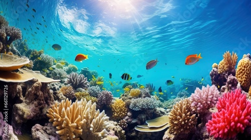 Bright and colorful underwater world, fishes and plants life on the background of coral reefs