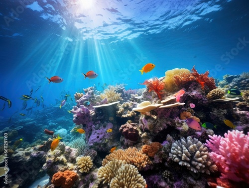 Bright and colorful underwater world  fishes and plants life on the background of coral reefs