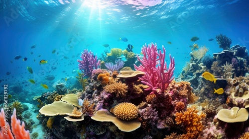 Fototapeta Naklejka Na Ścianę i Meble -  Bright and colorful underwater world, fishes and plants life on the background of coral reefs