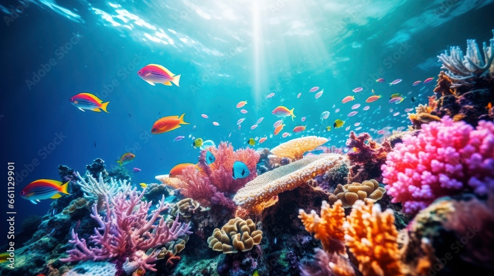 Obraz premium Bright and colorful underwater world, fishes and plants life on the background of coral reefs