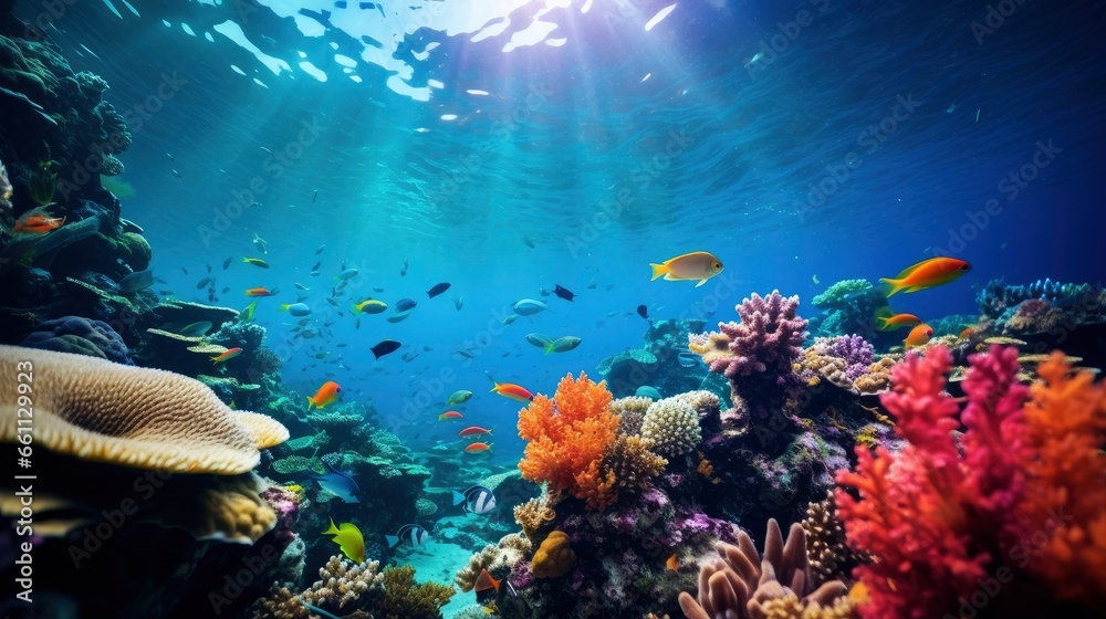 Naklejka premium Bright and colorful underwater world, fishes and plants life on the background of coral reefs