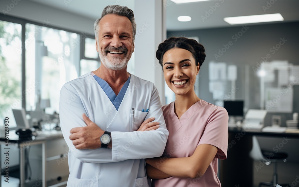 Photograph of a Smiling Dentist Standing with Arms Crossed