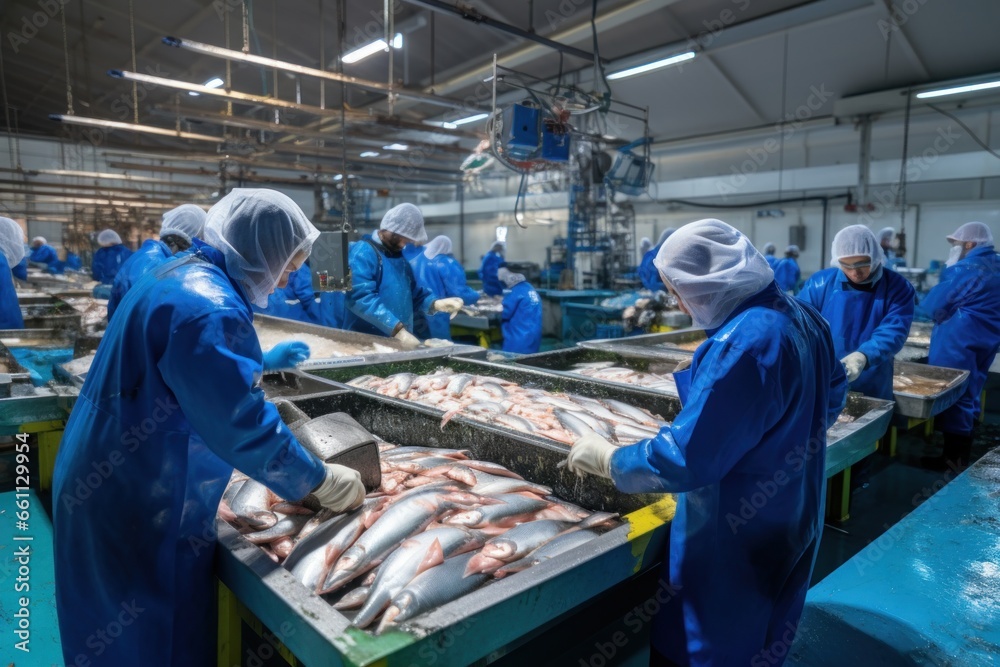 People gathered around a fish-filled table at a fish processing factory ...