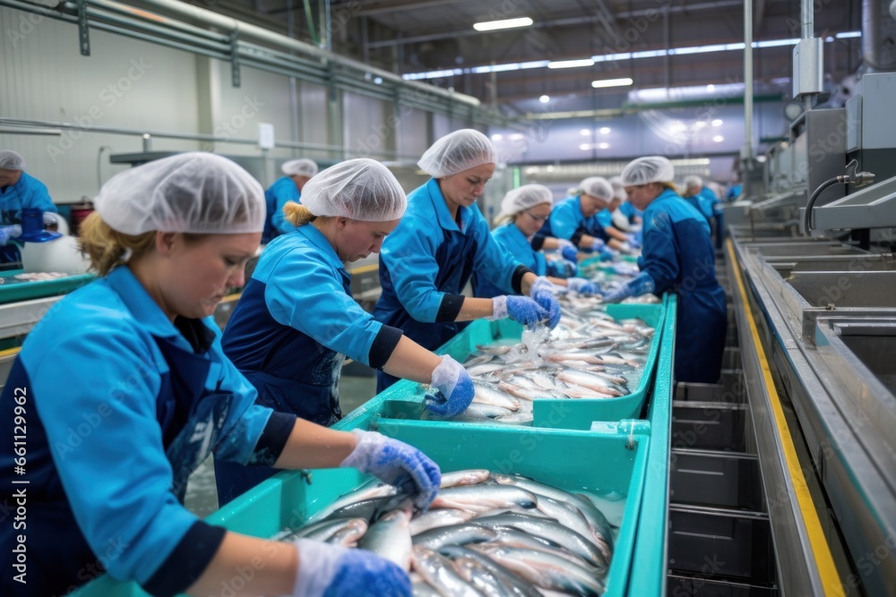 Women working in a fish processing factory - obrazy, fototapety, plakaty 
