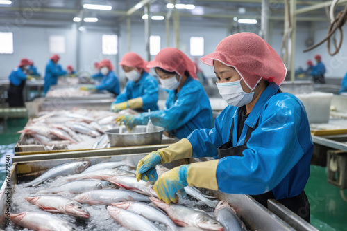 People wearing masks and gloves in a fish processing factory © nordroden