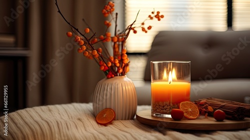 a lit scented candle, dried citrus, cinnamon, and miniature pumpkins, beautifully displayed in a modern setting.