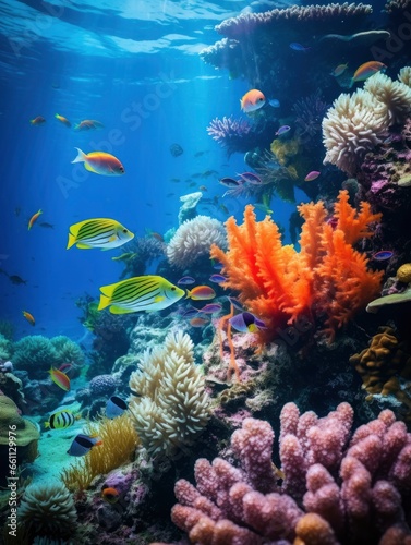 Bright and colorful underwater world, fishes and plants life on the background of coral reefs © shooreeq