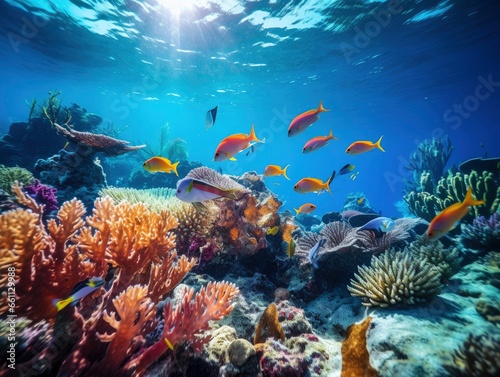 Bright and colorful underwater world, fishes and plants life on the background of coral reefs