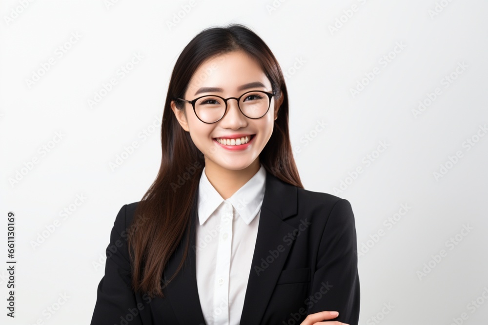 Enthusiastic asian businesswoman smiling on isolated white background Enthusiastic asian businesswoman smiling on isolated white background