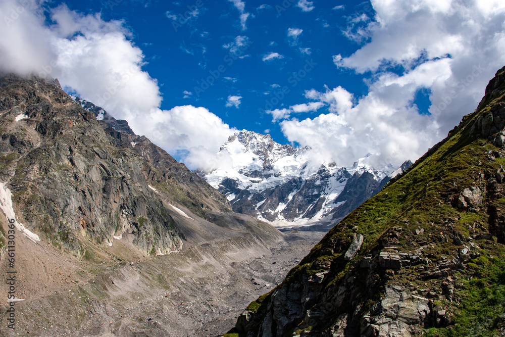 Landscapes of Hampta Pass Trekking, Himachal Pradesh, India. The trail is famous for lush green valley.