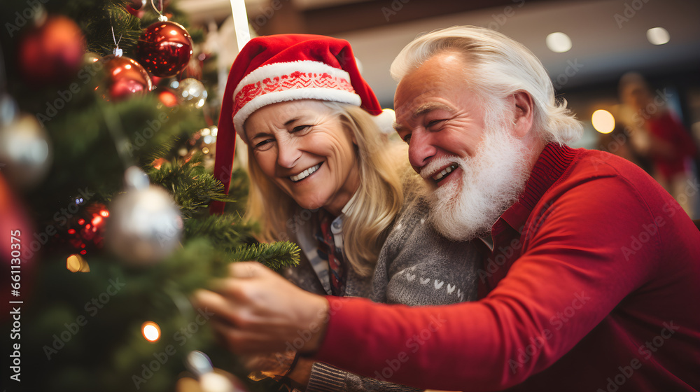 Celebrating the Winter Holidays, Mature Senior Couple Decorating Christmas Tree at Home Celebrating the Winter Holidays, Mature Senior Couple Decorating Christmas Tree at Home