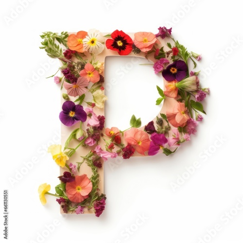 Letter P of the English alphabet from flowers, isolated on white background