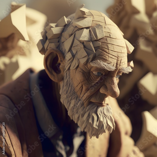 old man made of paper and sand sad intricate details shot on anamorphic lens 8k HD cinematography photorealistic epic composition Unreal Engine Cinematic Color Grading UltraWide Angle Depth of Field  photo