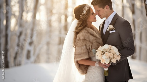 Married couple in Sophisticated Winter Wedding Ceremony: An Elegant Celebration Set Amidst a Picturesque Snowy Landscape photo