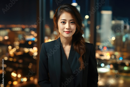 Portrait of a female CEO smiling at her office with an impressive view of a city skyline