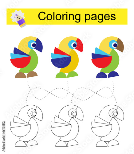 Educational game for children. Go through the maze and color a parrot according to the pattern.