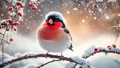 Cute funny cartoon bullfinch bird on a snowy branch