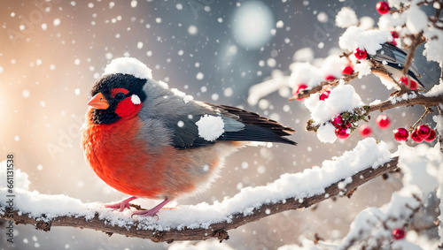 Cute funny cartoon bullfinch bird on a snowy branch