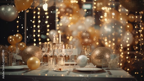 Glamorous Festive Celebration: Lavish Holiday Party Adorned with Sparkling Decorations and Elegant Ambiance
