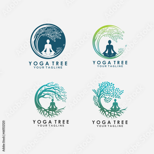  set dryad tree vector with yoga posed