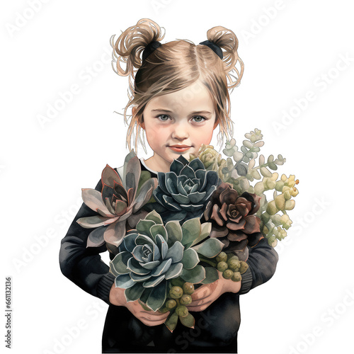 Little girl with a bouquet of black color toned succulent cactus plants, isolated on white transparent background photo