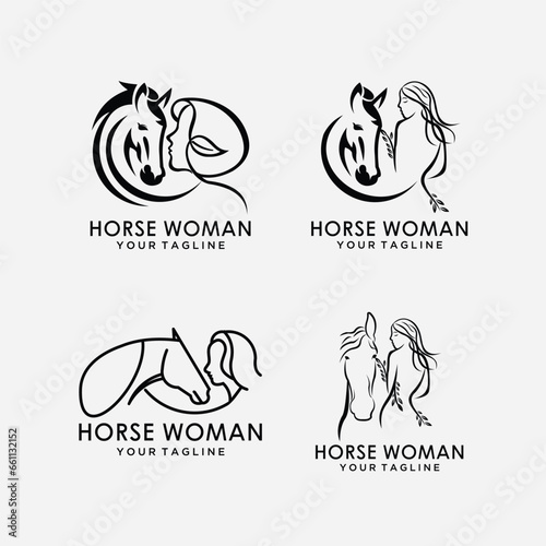 Western woman in a cowboy hat. Cowboy girl in hat line art vector minimalist logo. Abstract Woman and Horse. Girl and horse line drawing