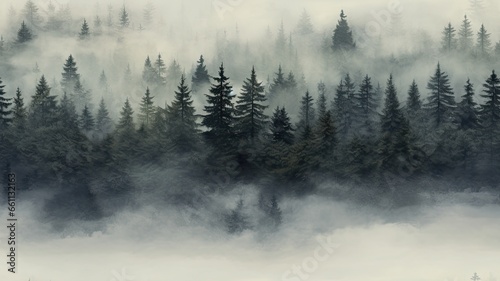 a fog-draped fir forest  evoking a sense of nostalgia and mystery. SEAMLESS PATTERN. SEAMLESS WALLPAPER.