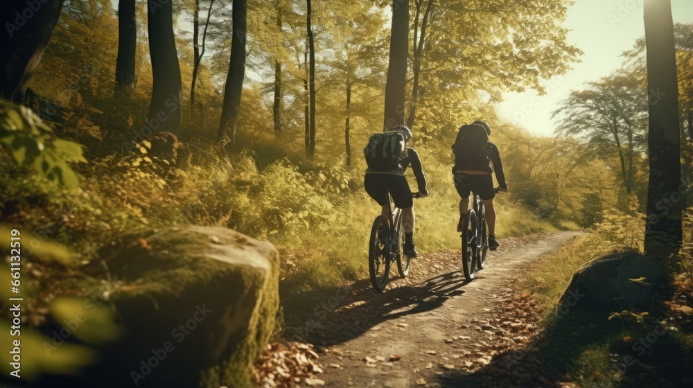 Active Lifestyle: Group of People Enjoying Cycling Adventure Along a Breathtaking Scenic Trail in Nature