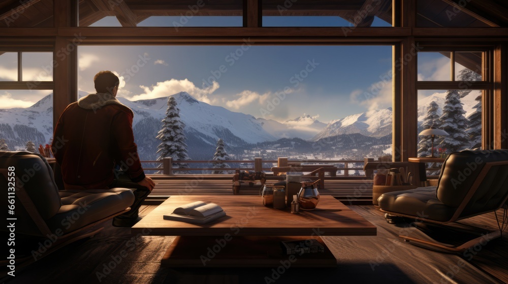 Person Enjoying a Relaxing Vacation in a Private Resort with Spectacular Snowy Landscape Views