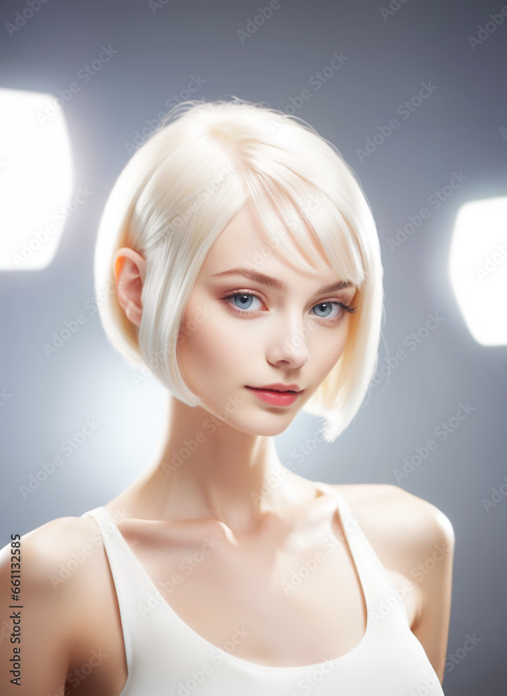 primo piano ritratto di giovane affascinante donna, capelli biondo platino, in posa con luci da studio primo piano ritratto di giovane affascinante donna, capelli biondo platino, in posa con luci da studio