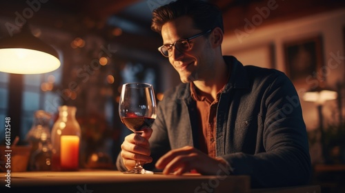 Man Savoring High-End Wine Tasting Amid a Cozy and Luxurious Setting, Elevated Winter Wine Experience